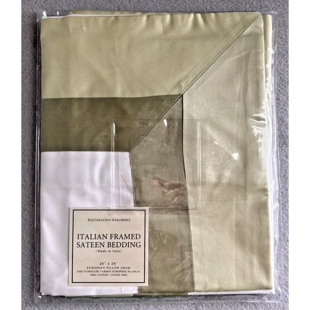 Restoration Hardware Banded Framed White Green Sateen Euro Sham 26